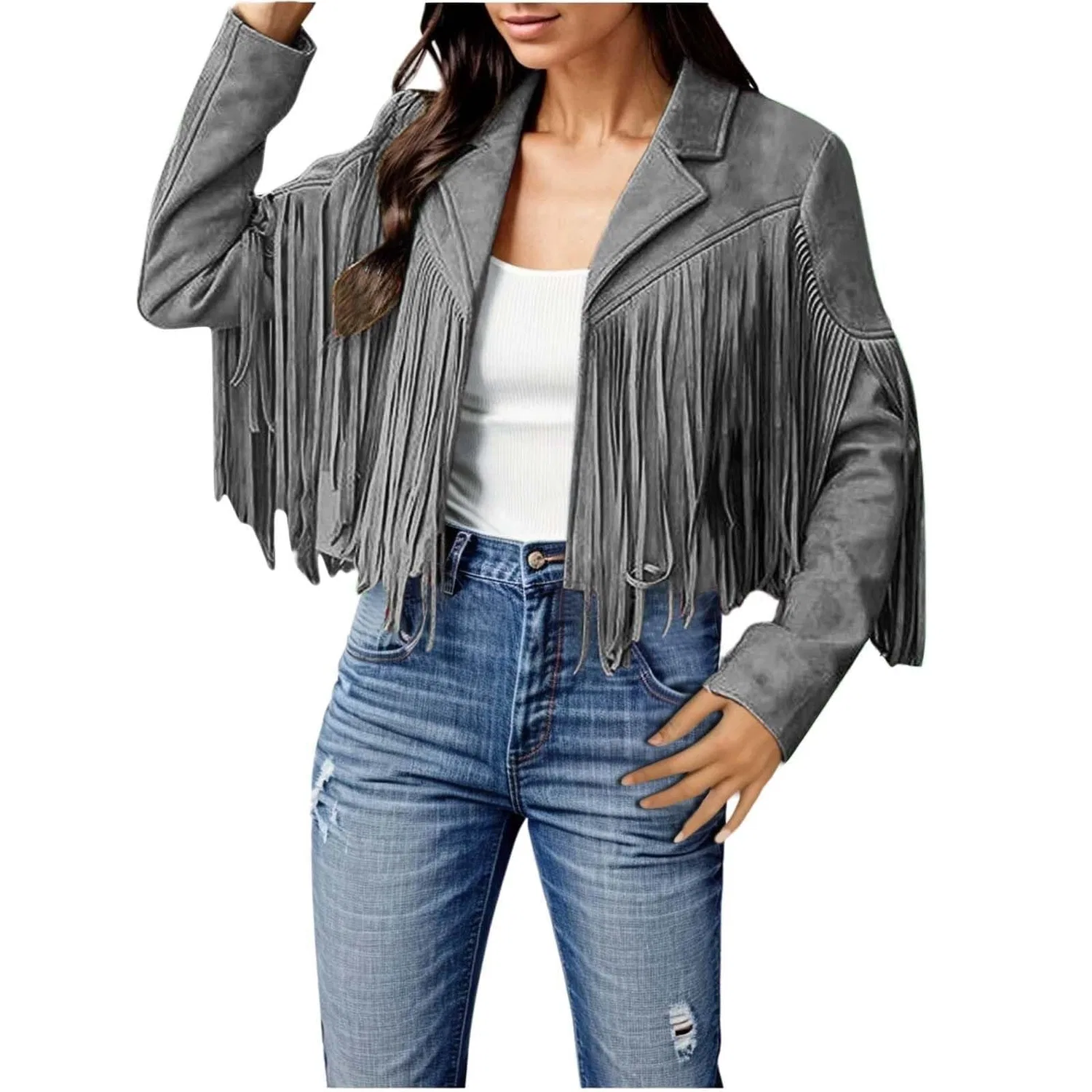Женская куртка-косуха с бахромой Cowgirl Trendy Streetwear, Grey-2