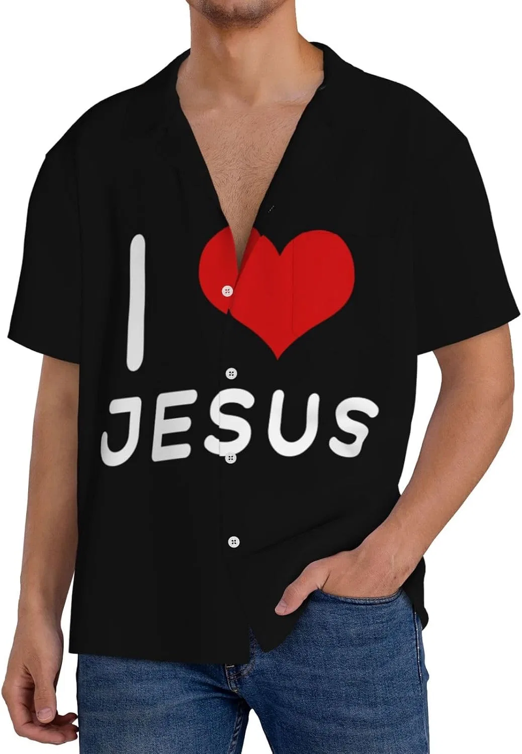 Мужская повседневная рубашка с кубинским воротником I Love Jesus, Black