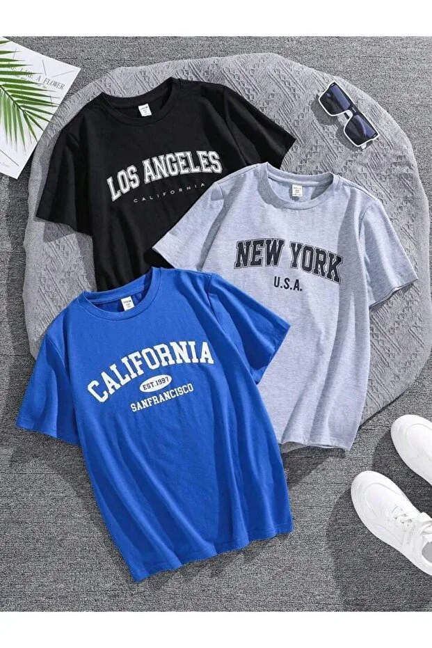 Детский комплект футболок с принтом New York, California, Los Angeles Vinraus Giyim, Blueblackgrey