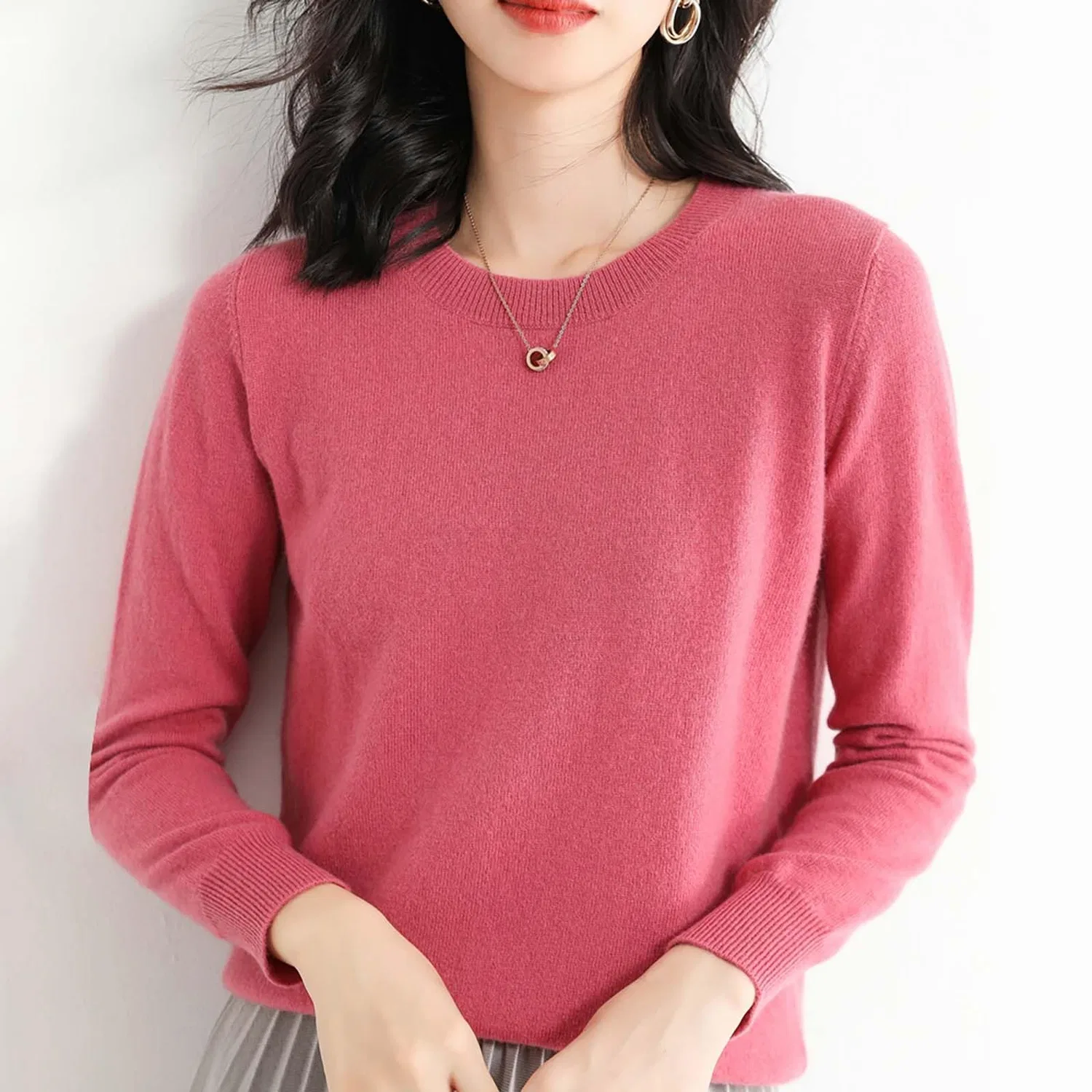 Женский свитер из мериносовой шерсти с круглым вырезом, D-hot Pink — фото 3