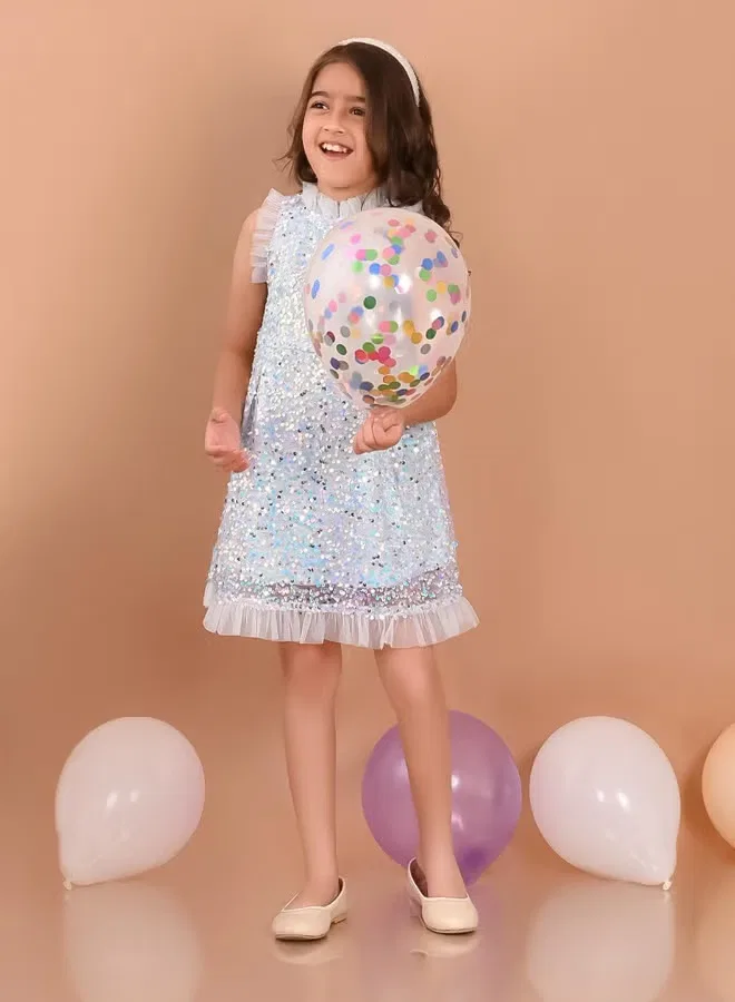 Платье-трапеция с пайетками и рюшами без рукавов Sequin ruffle party dress Lilpicks, голубой