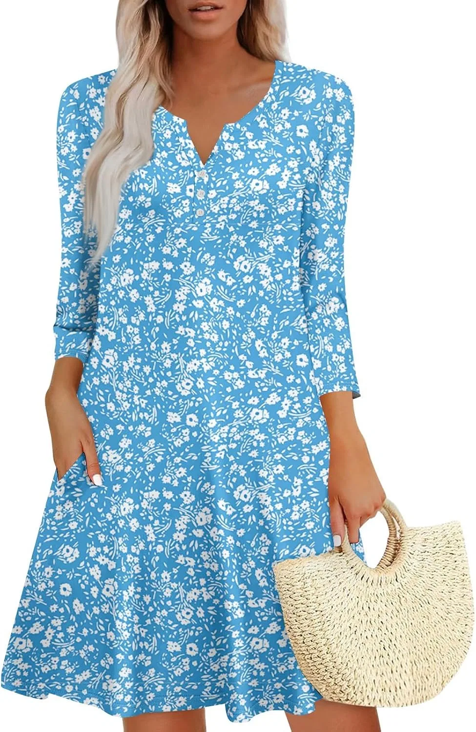 Женское летнее платье с длиной до колен с 3/4 рукавом, Light Blue