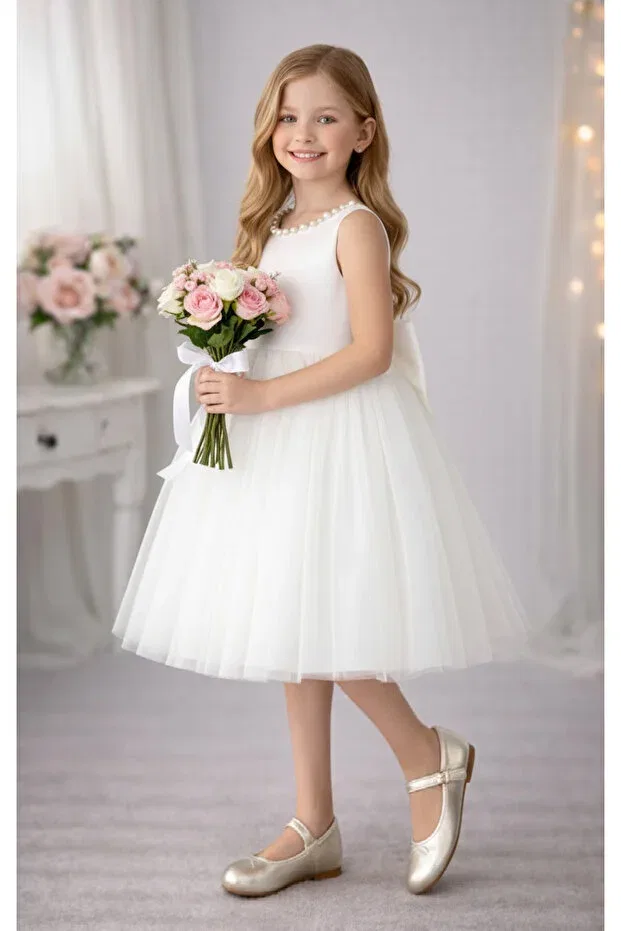 Детское платье для девочек с принтом Violet Model Collar Pearl Suneh, White — фото 4