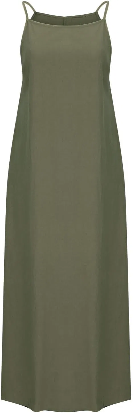 Женское летнее льняное платье на бретелях макси, Army Green — фото 3