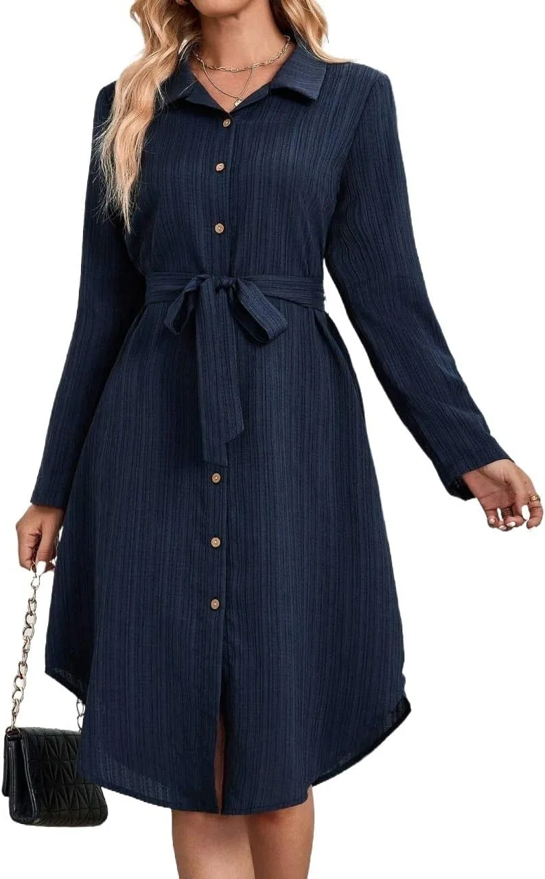 Женское повседневное платье-рубашка с длинным рукавом, Navy Blue