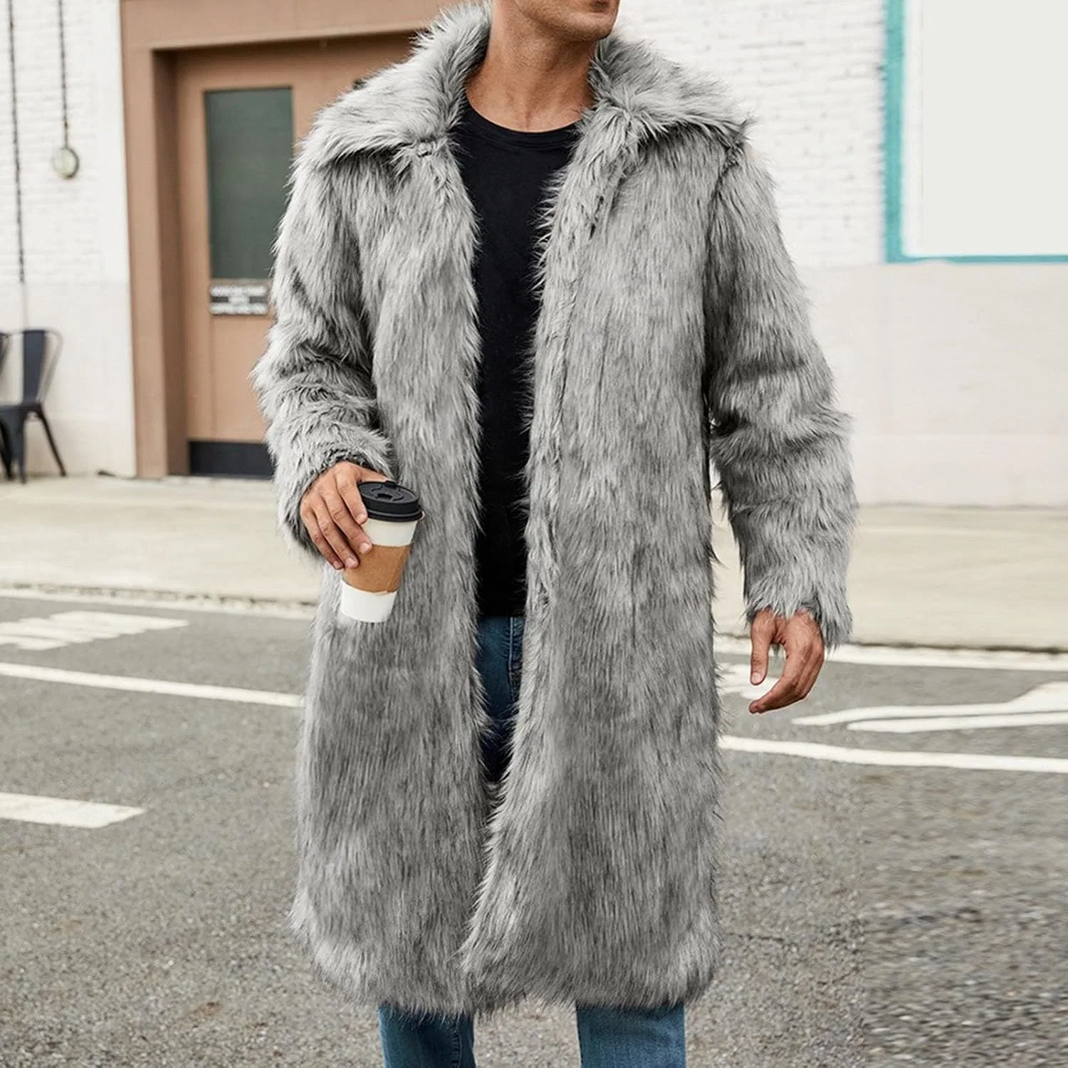 Мужское пальто из искусственного меха, длинное, Oversize, светло-серый — фото 2