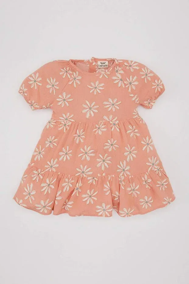 Детское платье для девочек с принтом Floral Short Sleeve Crinkle Viscose Dress Defacto, Orange
