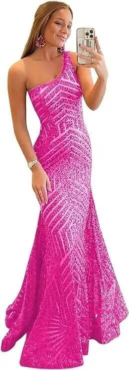 Женское вечернее платье с блестками One Shoulder, Hot Pink