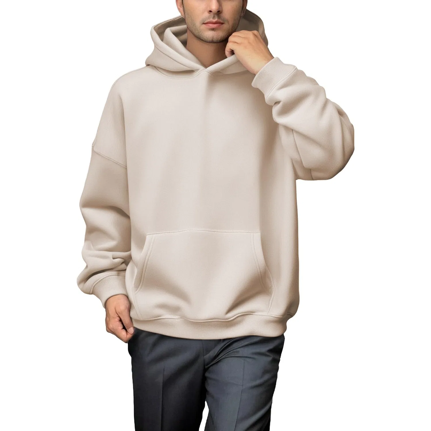 Мужской худи свободного кроя с большим карманом, Beige — фото 4