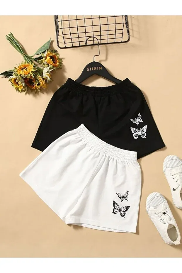 Детские шорты для девочек с принтом Summer double-layered girls' butterfly print shorts Kids, Black