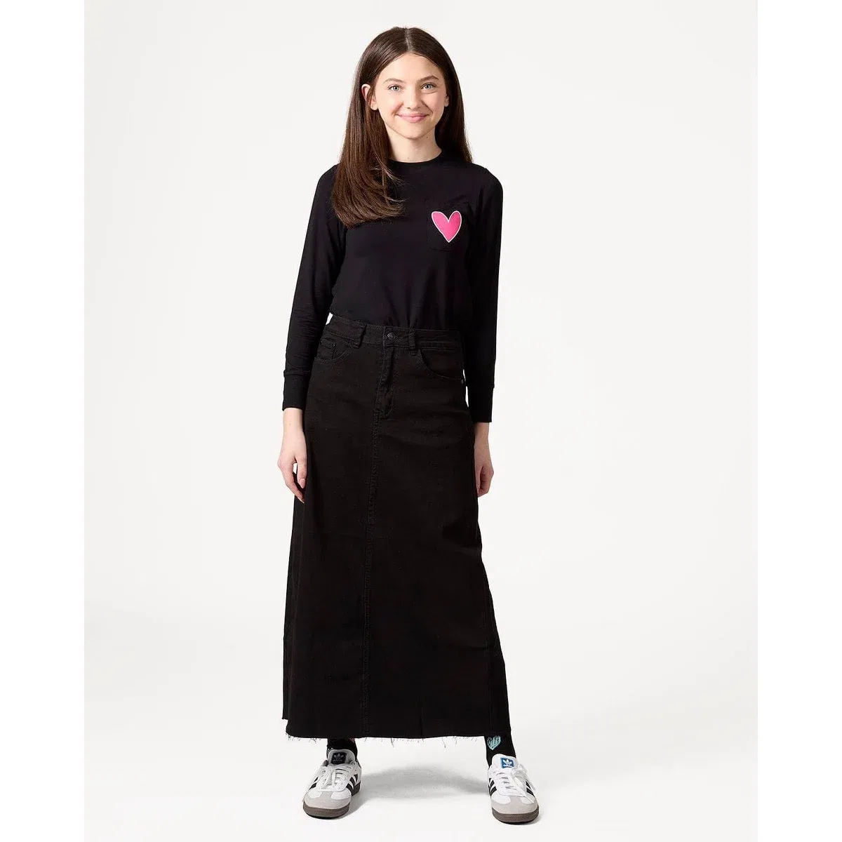 Детская футболка с длинным рукавом с принтом Heart Graphic Trimmed Pocket MeMoi, Black