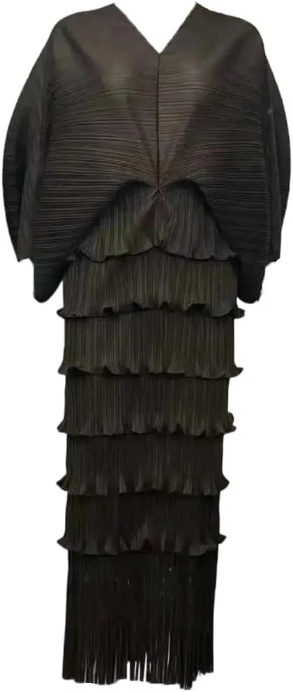 Женское платье с плиссировкой и кружевными рукавами, Black