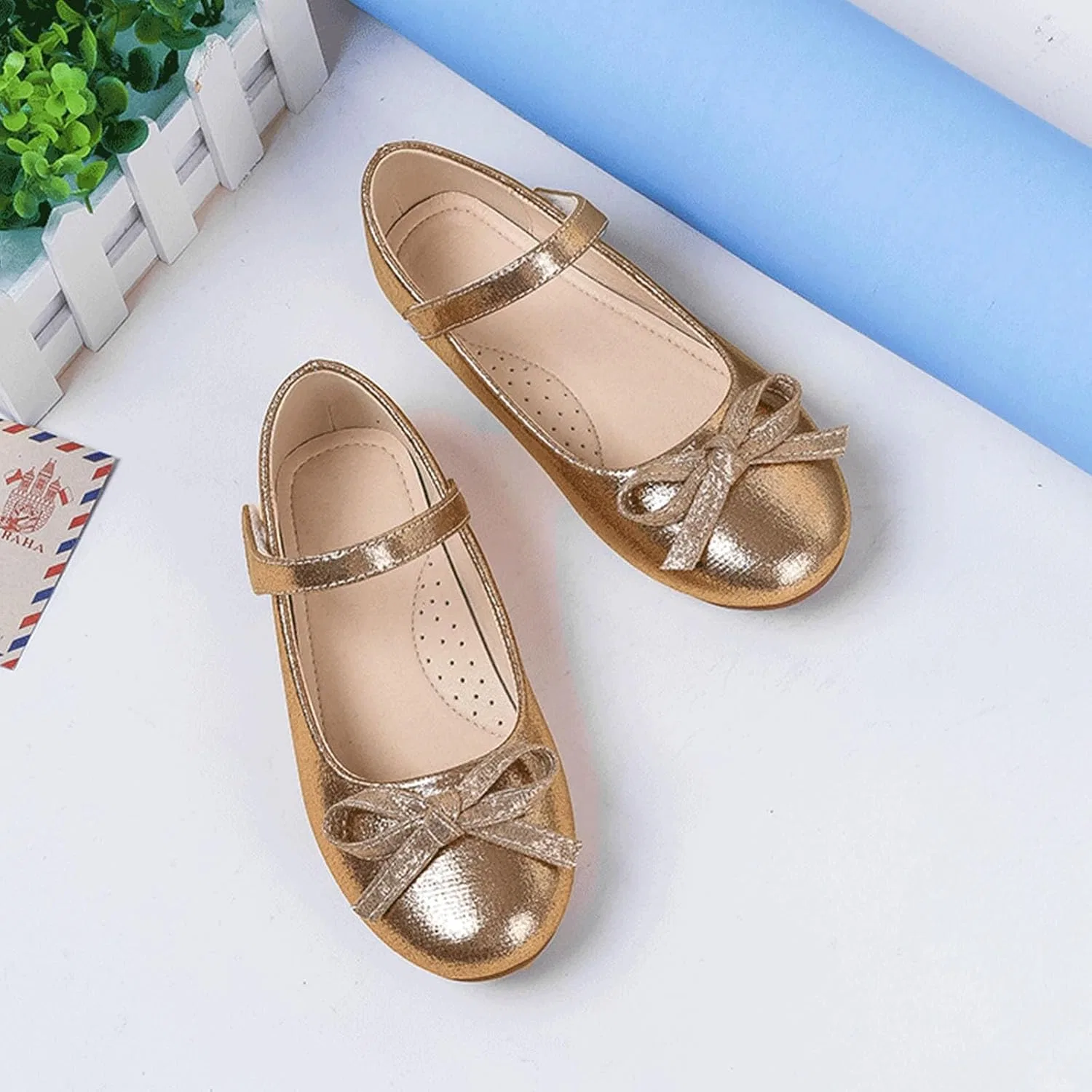 Детские балетки для девочек с бантом и стразами Mary Jane Flat Dress Shoes Party, Gold — фото 4