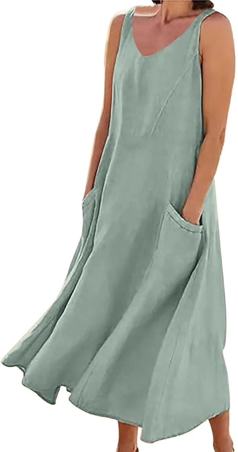 Женское летнее льняное платье свободного кроя с карманами, Mint Green