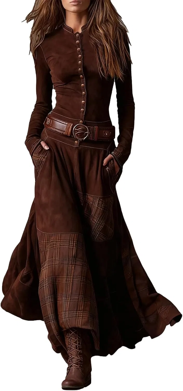 Женское платье из искусственной замши с запахом, Western Suede Long Dress, коричневый