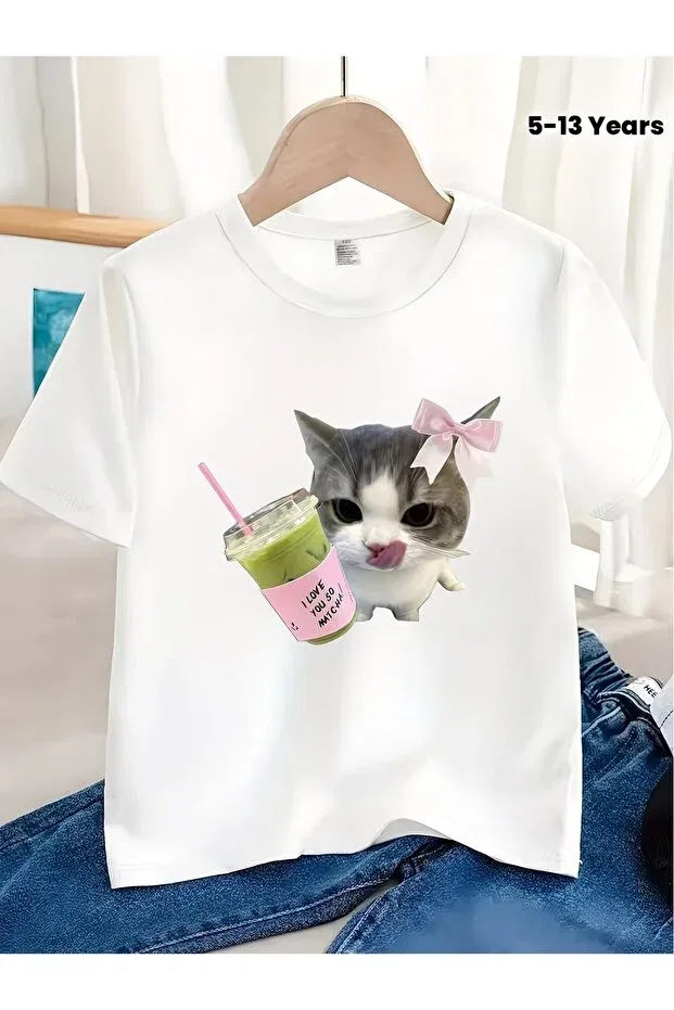 Детская футболка с принтом Matcha Cat Pixelwear, Black