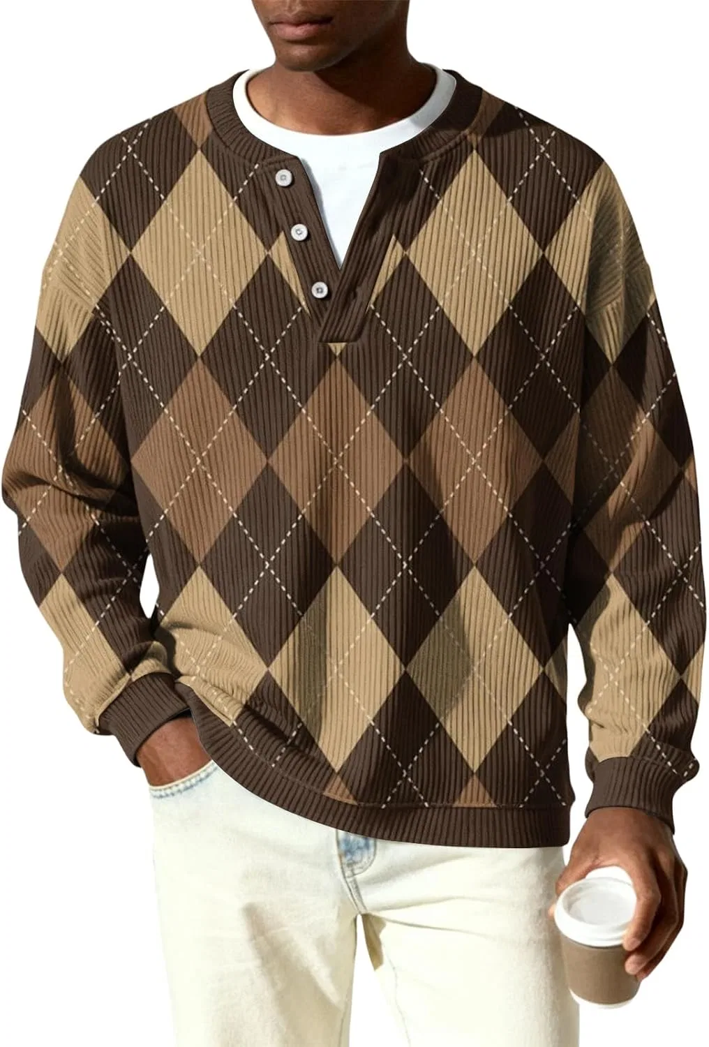 Мужская футболка с длинным рукавом, Ribbed Knit Henley, коричневый — фото 2