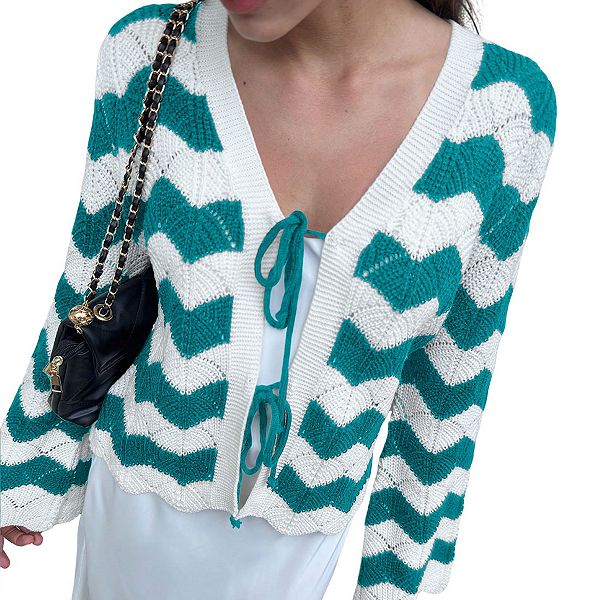

Женский кардиган с v-образным вырезом, длинным рукавом и завязками спереди Clearflower, Green Striped