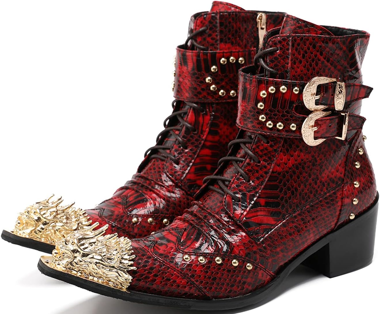 

Мужские кожаные оксфорды Santimon из натуральной кожи с металлическим заостренным носком в готическом стиле панк, с двойной пряжкой, шнуровкой и заклепками, высокие ковбойские сапоги для сцены, вечеринок, клубов и баров, темно-красный