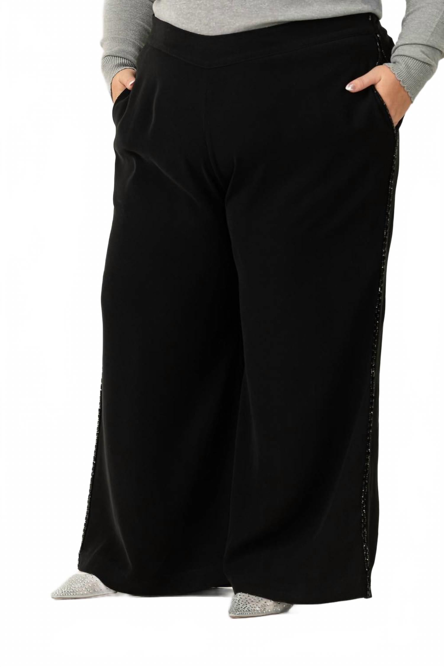 

Широкие брюки с пайетками и полосками плюс размера в черном цвете La Fuori