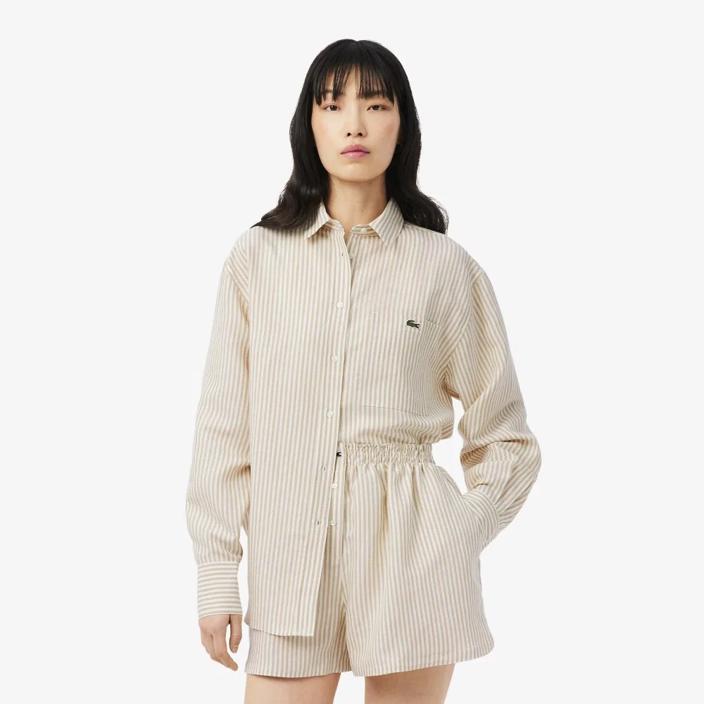 Рубашка Lacoste Полосатая из льна и хлопка, Розовая