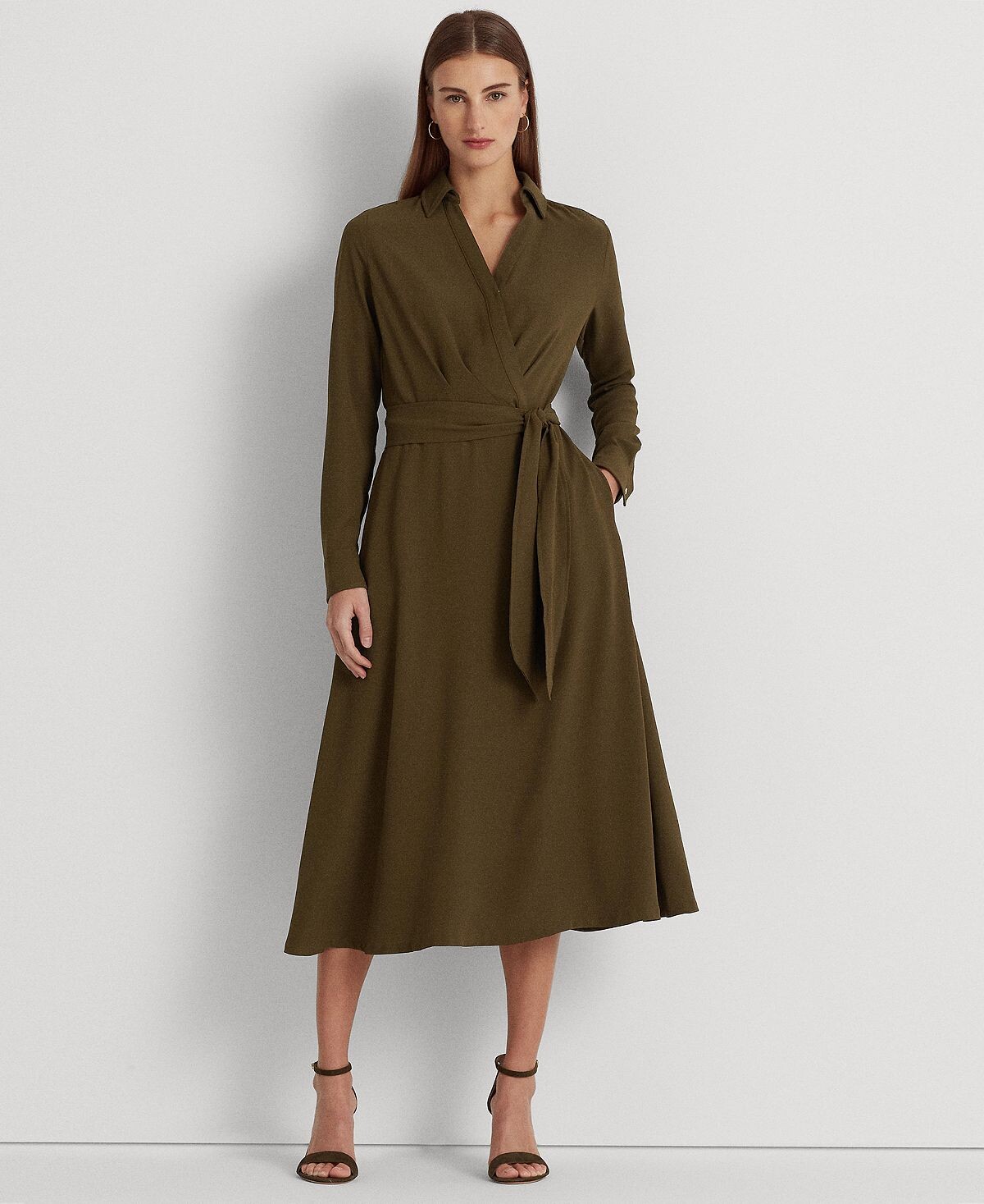 

Женское платье миди из жоржетты с длинными рукавами и поясом Lauren Ralph Lauren