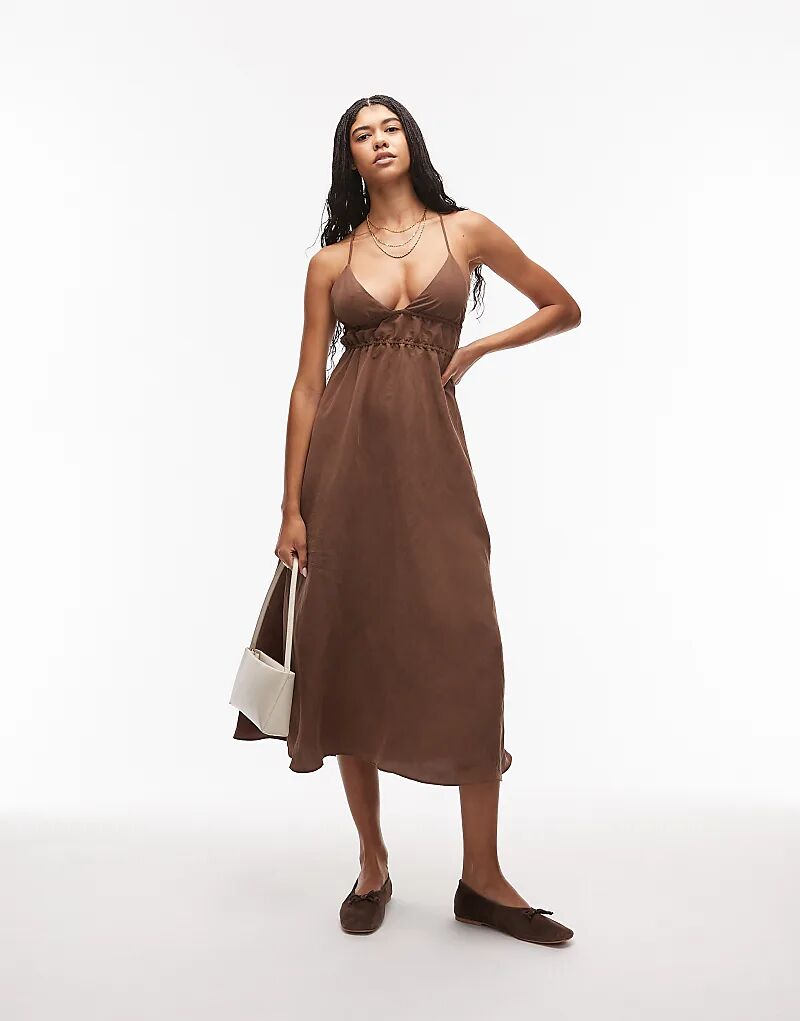 

Платье-комбинация ASOS DESIGN с бретельками и сборками на бретельках шоколадного цвета