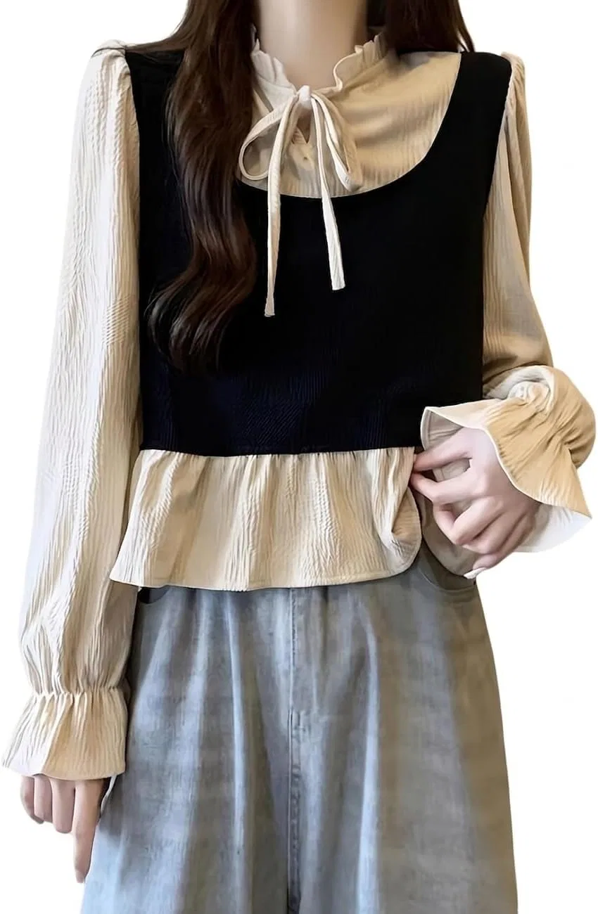 Блуза с фриллами и бантом, Layered Style, черный