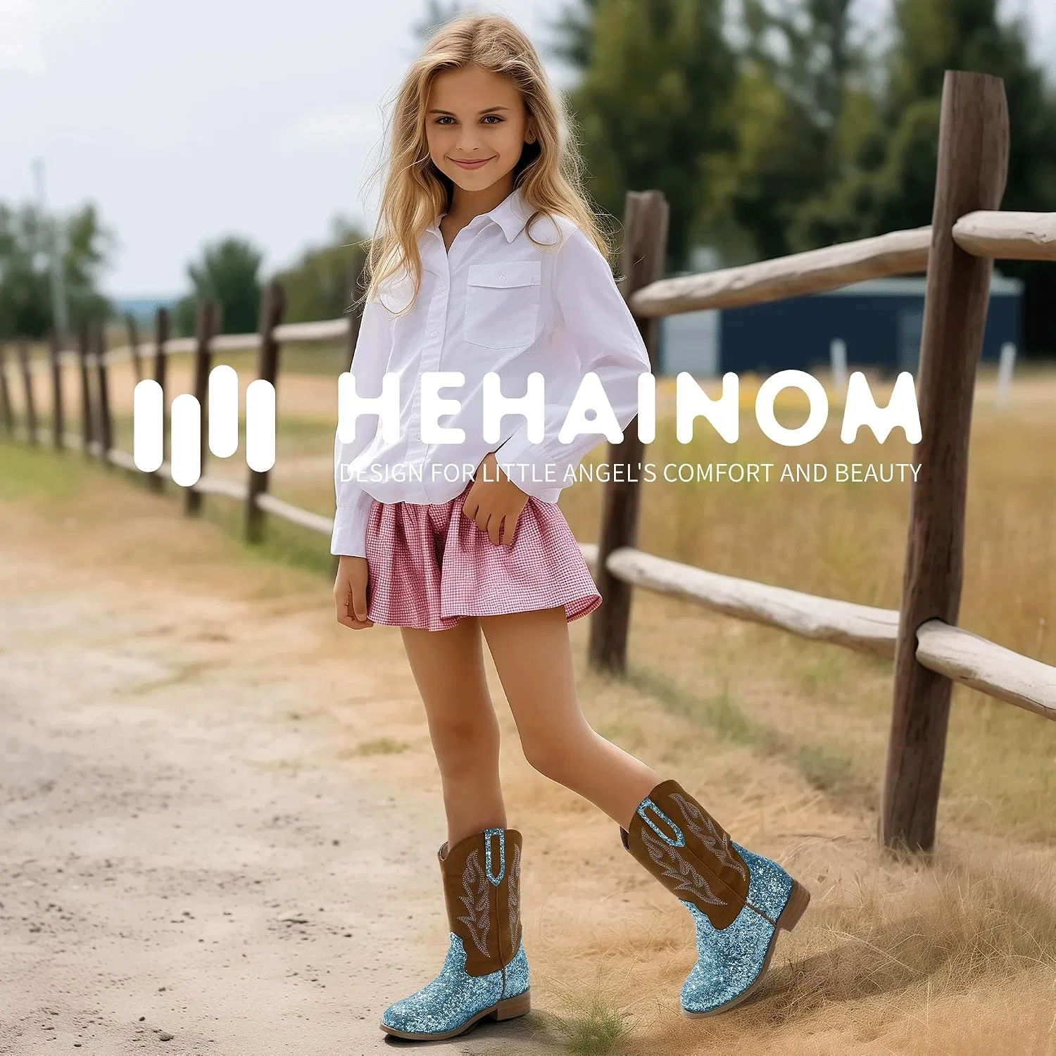 Детские сапоги для девочек с вышивкой Cowgirl Boots Hehainom, Bluesequin — фото 3