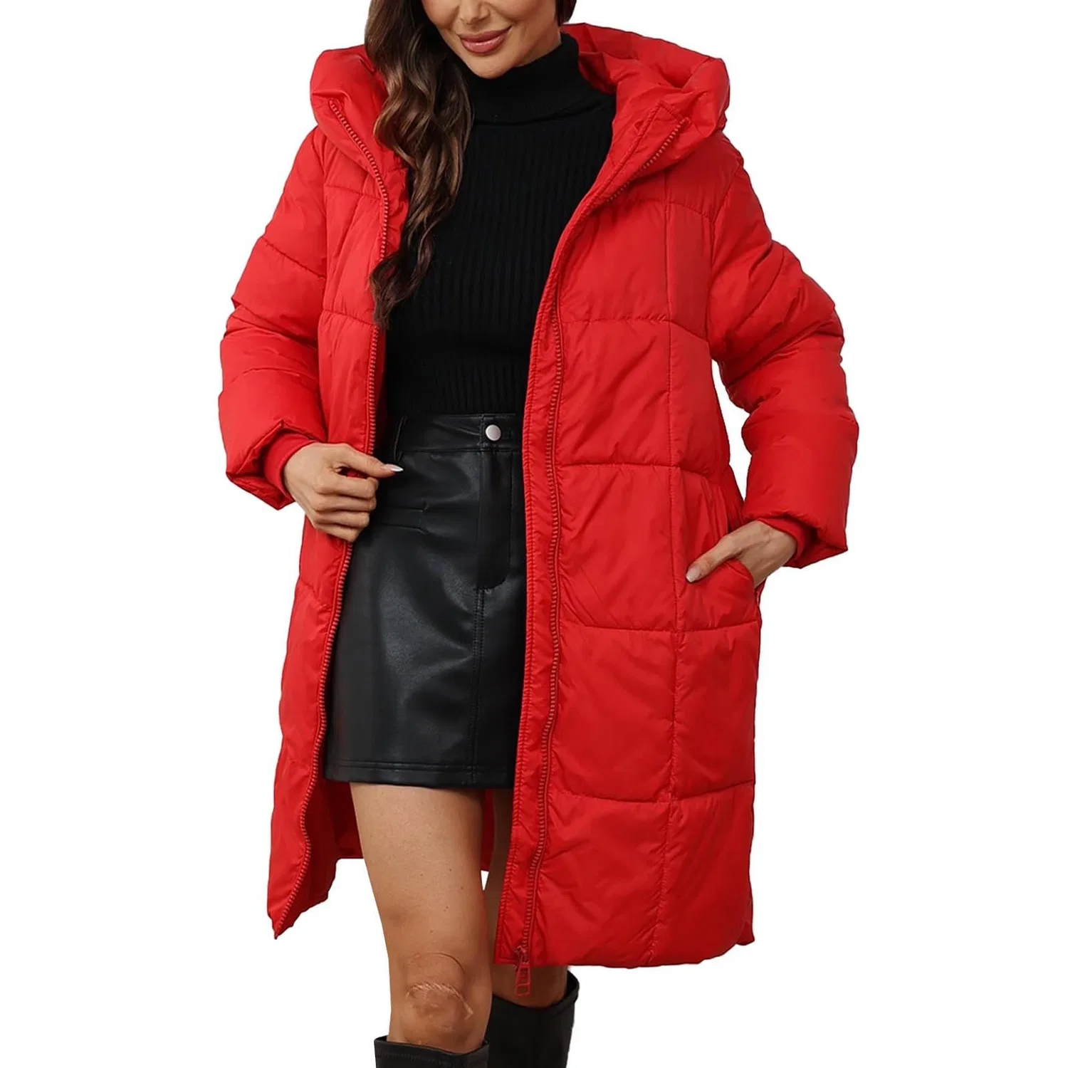 Женское длинное стеганое пальто с капюшоном Winter Coats for Women UK Warm Long Padded Women's Lightweight Windproof Quilted Down Jacket Coat Outdoor Hiking Parka Jackets Outwear Hooded Fashion, Red