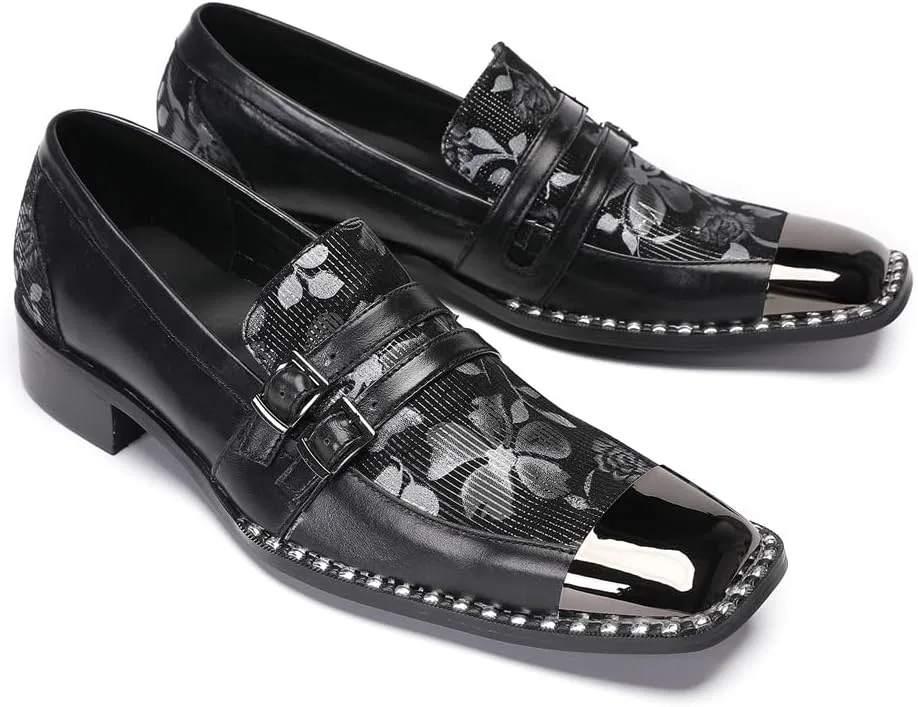 Лоферы мужские кожаные с цветочным принтом, Square Toe Metal Toe Cap, Black Dacnakby — фото 4
