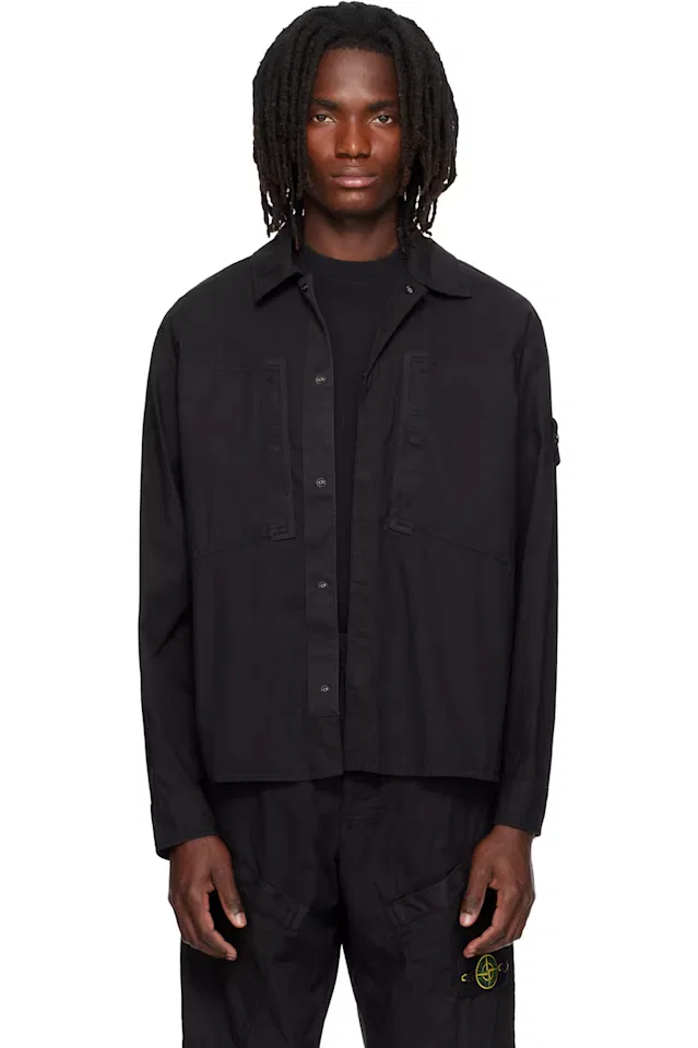 Черная рубашка из эластичного хлопка Tela Paracadute Stone Island