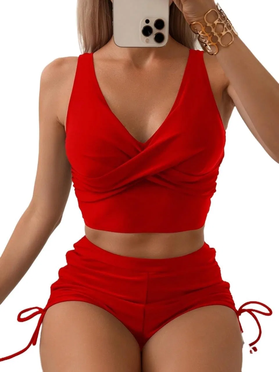 Женский бикини-сет с завышенной талией, Casual, Red