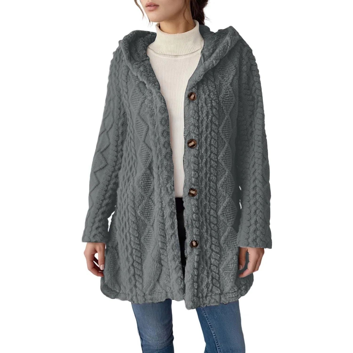 Женский утепленный кардиган с капюшоном и мехом, модель Fluffy Thick Hooded Cardigan, Grey