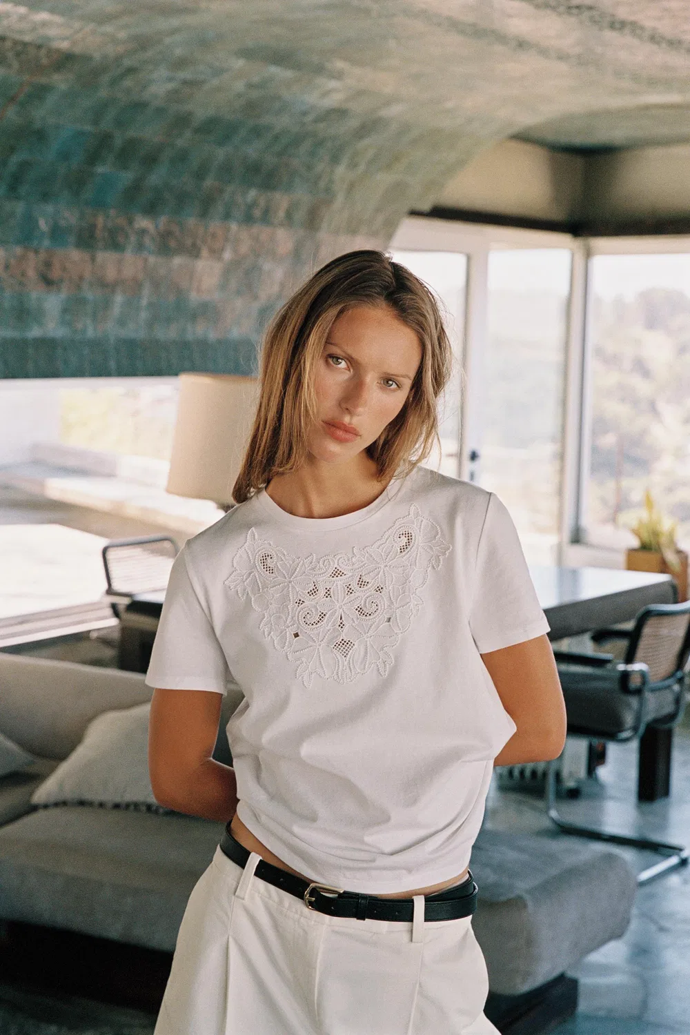 Хлопковая футболка с вышивкой ZARA, White