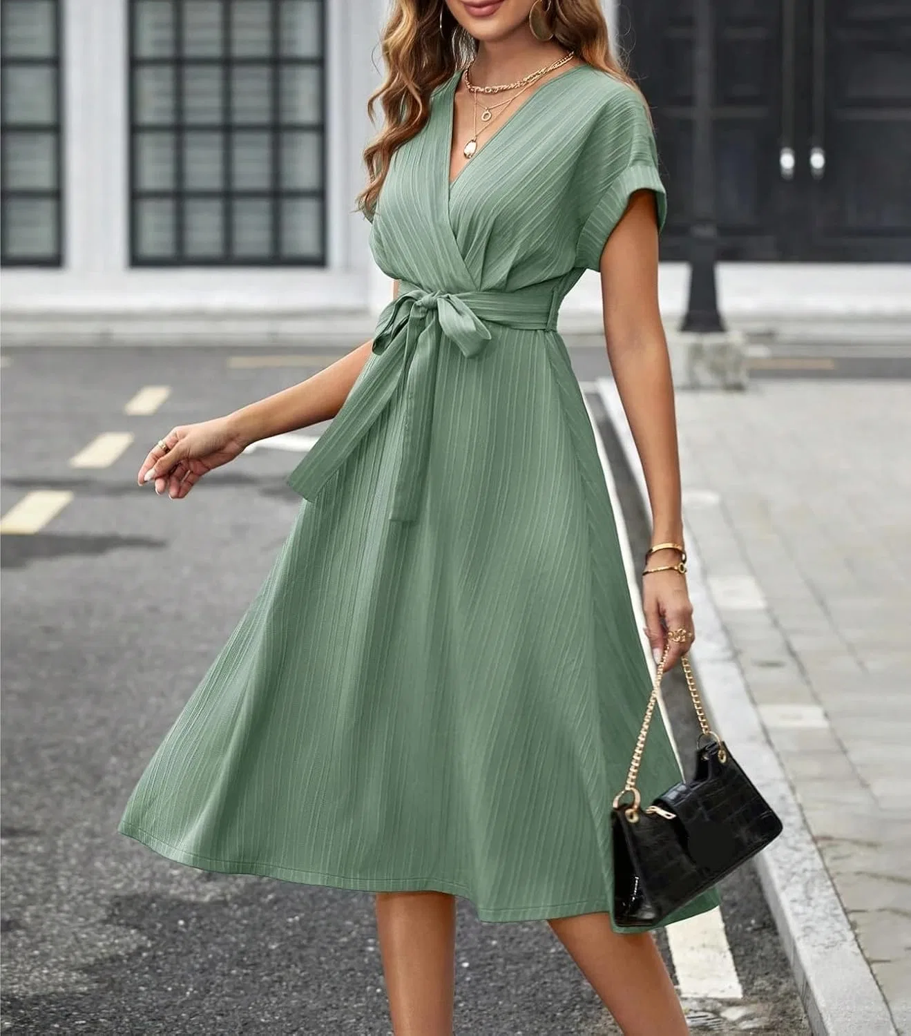 Женское платье миди с V-образным вырезом и поясом, Mint Green — фото 3