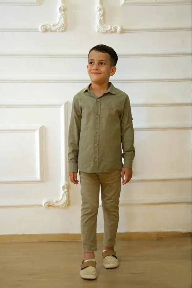 Детская рубашка для мальчиков с длинным рукавом Linen shirt Sarya, Haki