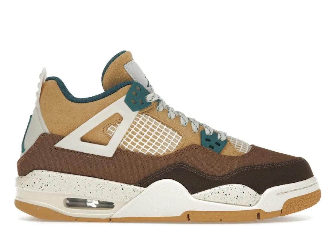 Детские кроссовки на шнуровке Jordan 4 Retro, Cacao Wow/Geode Teal/Ale Brown/Twine/Sail/Luminous Green