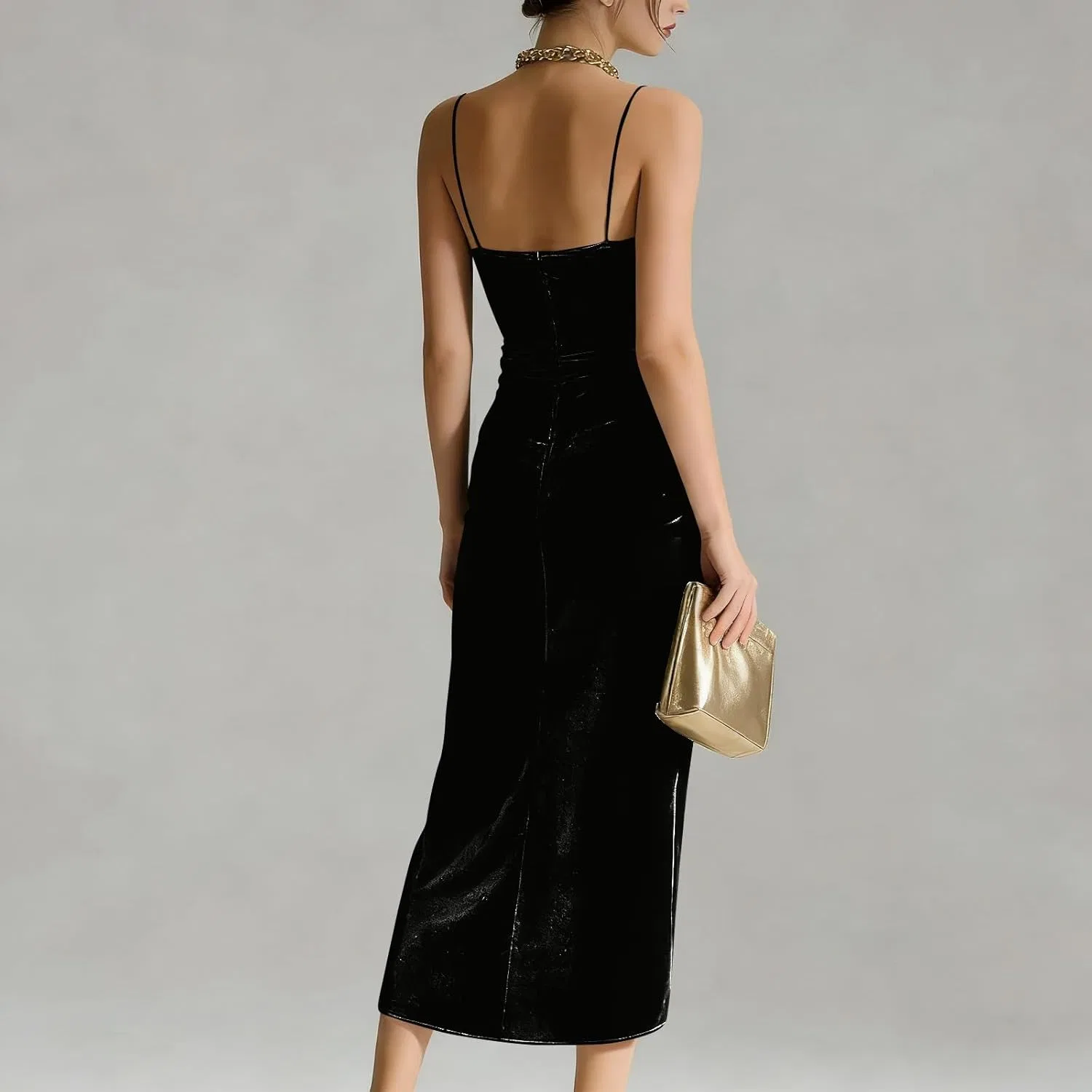 Женское коктейльное платье миди из вельвета и тюля Bodycon, Black — фото 4