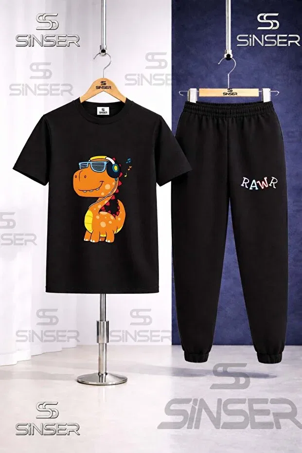 Детский комплект футболки и штанов с принтом Rawr Dino Headphones Ss Sinser, Black - Gray - Navy Blue — фото 2