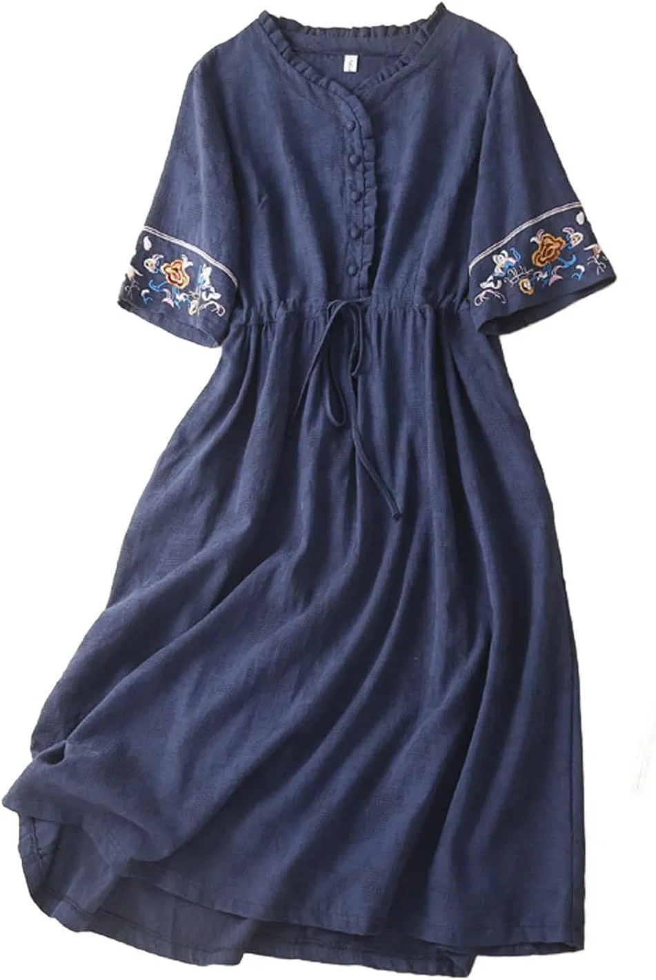 Женское платье из хлопка и льна с вышивкой, Navy