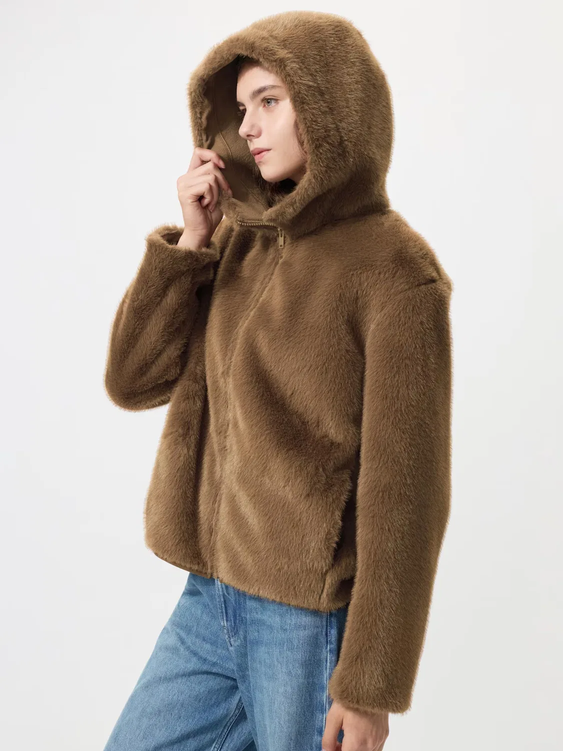 Куртки-худи Uniqlo, имитация меха, темно-коричневый — фото 4