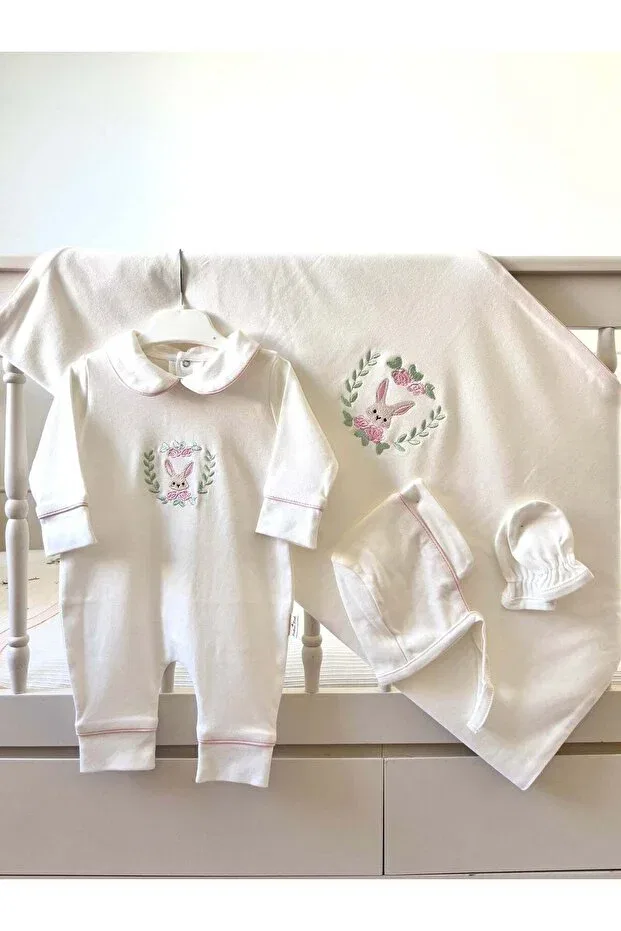 Детский комплект для новорожденных хлопковый Pink Rabbit Embroidery Babiesfirst, White