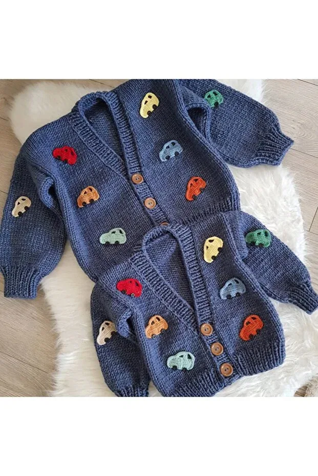 Детский кардиган с принтом Hand knitted car-themed baby kids cardigan El Örgüsü, Navy Blue — фото 2
