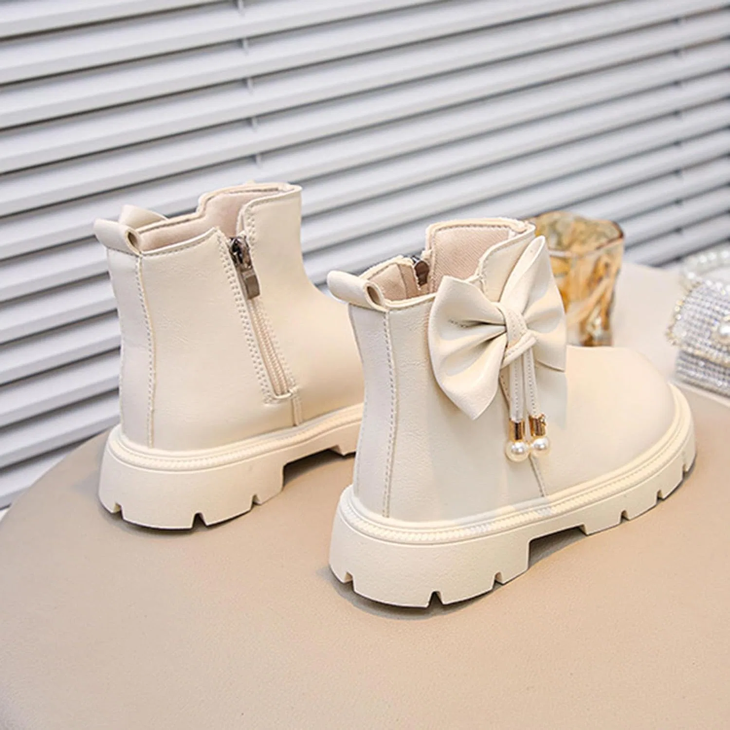 Детские сапоги для девочек с бантом из PU-кожи с молнией Zzalalana, Beige — фото 2
