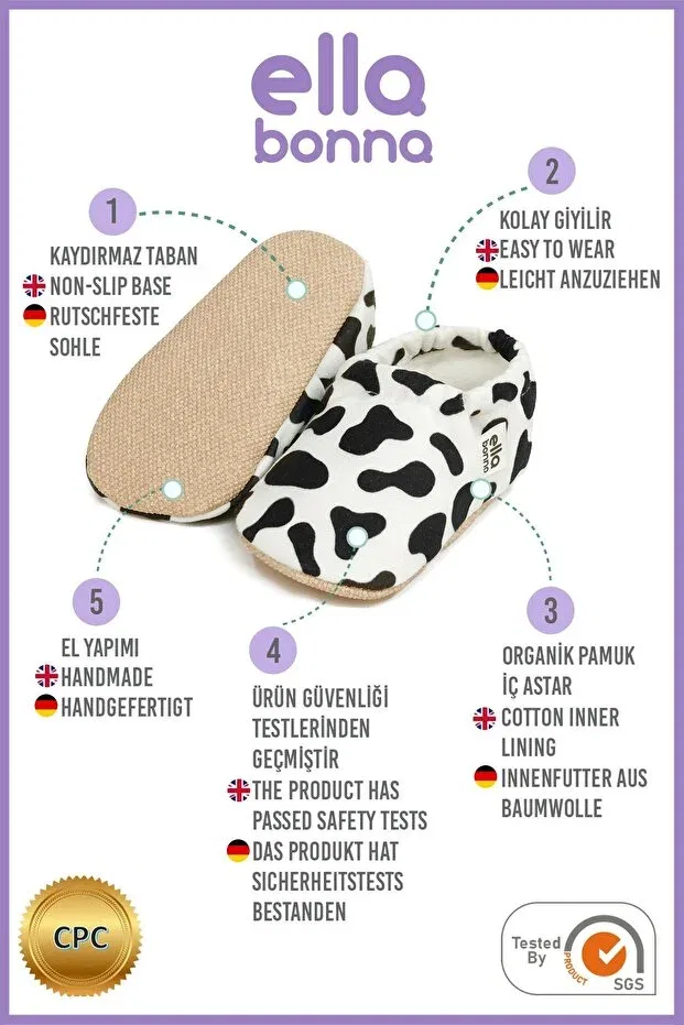 Детские пинетки для новорожденных с принтом Non-Slip sole cow baby booties Ella Bonna, Cow Pattern — фото 4