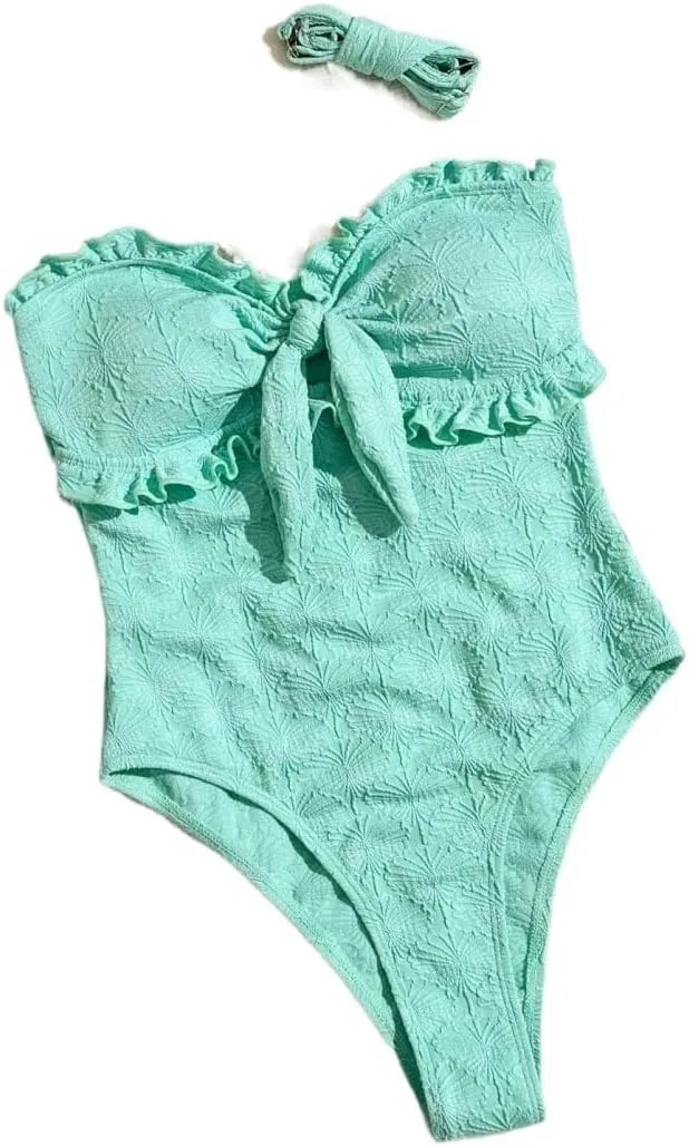 Женский цельнокроеный купальник с рюшами и бантом Mint Green