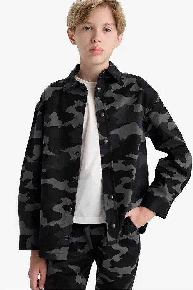 Детская рубашка для мальчиков с длинным рукавом Oversized wide fit polo neck camouflage print gabardine long sleeve shirt boy f1507a825au Defacto, Gray-Gr164