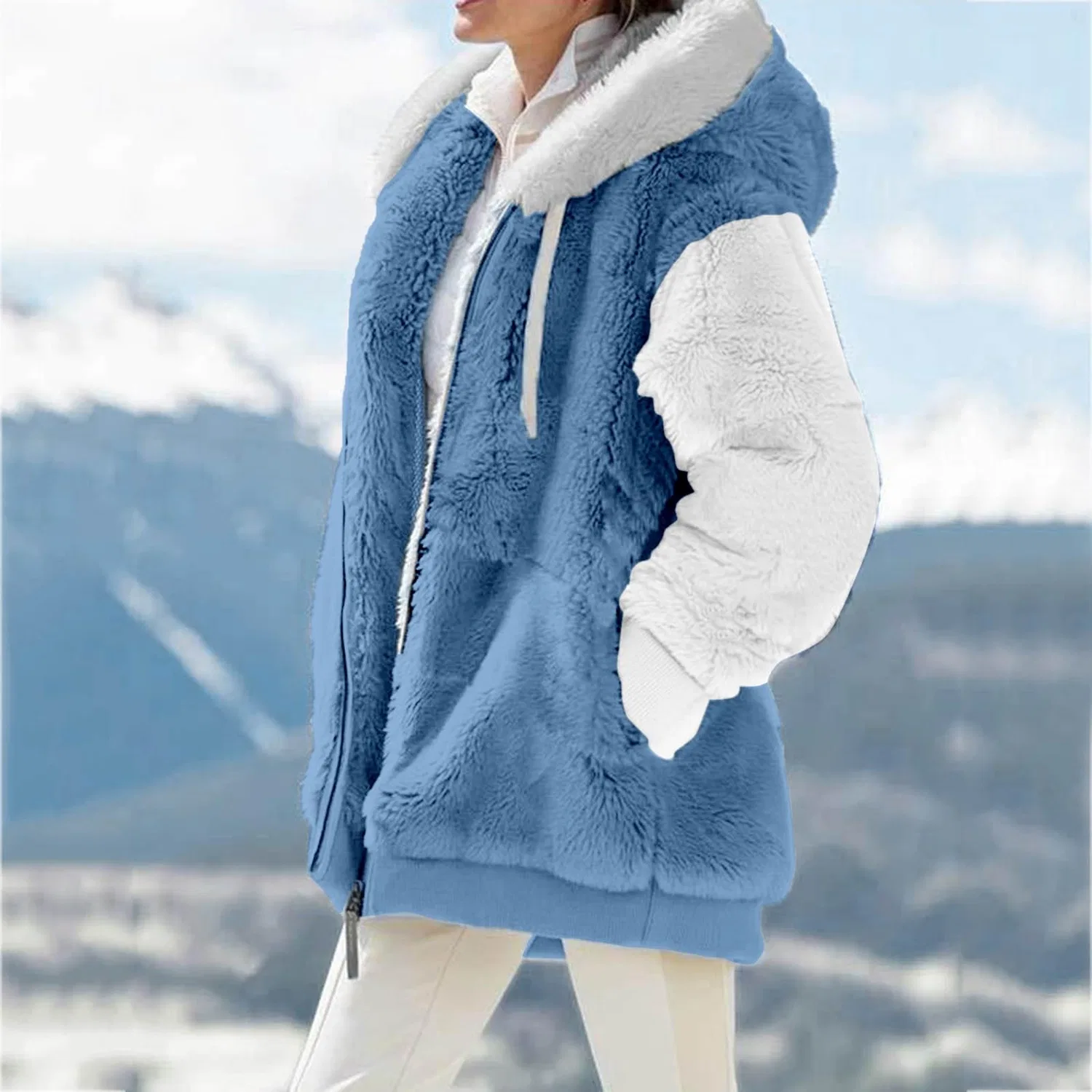 Женская зимняя куртка на флисе с кулиской и искусственным мехом, Light Blue 20 — фото 3