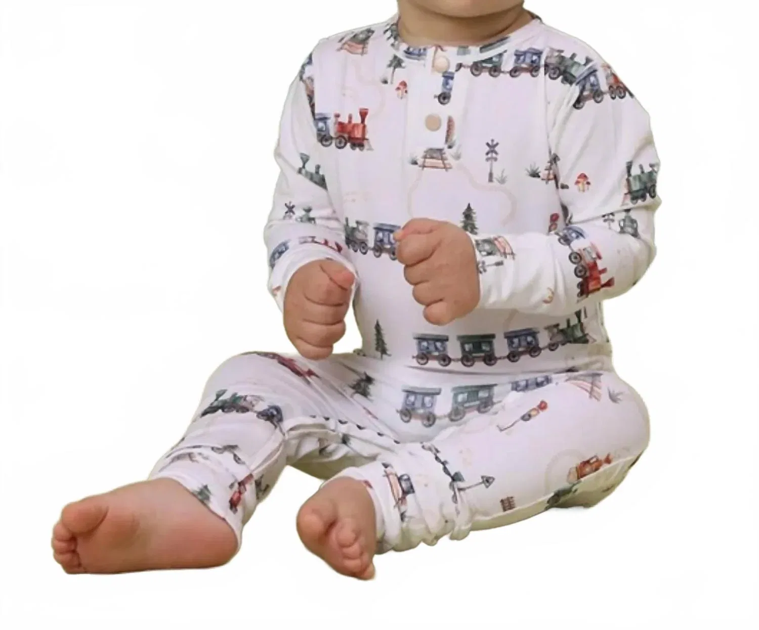 Детский комбинезон-боди с длинным рукавом и принтом поездов Trains Organic Growsuit Snuggle Hunny, White — фото 2